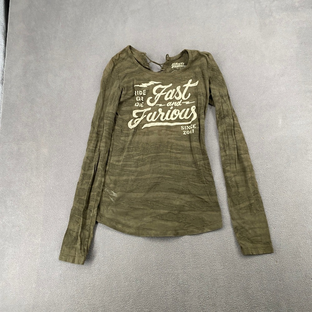 Fast and Furious by Affliction Long Sleeve Lace Up Back Graphic Tee Olive XS